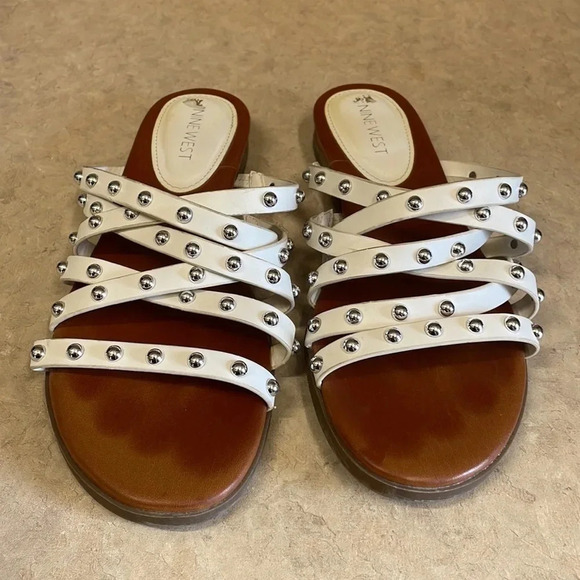 Nine West White Studded Criss Cross FlatMule Sandals - Picture 3 of 9